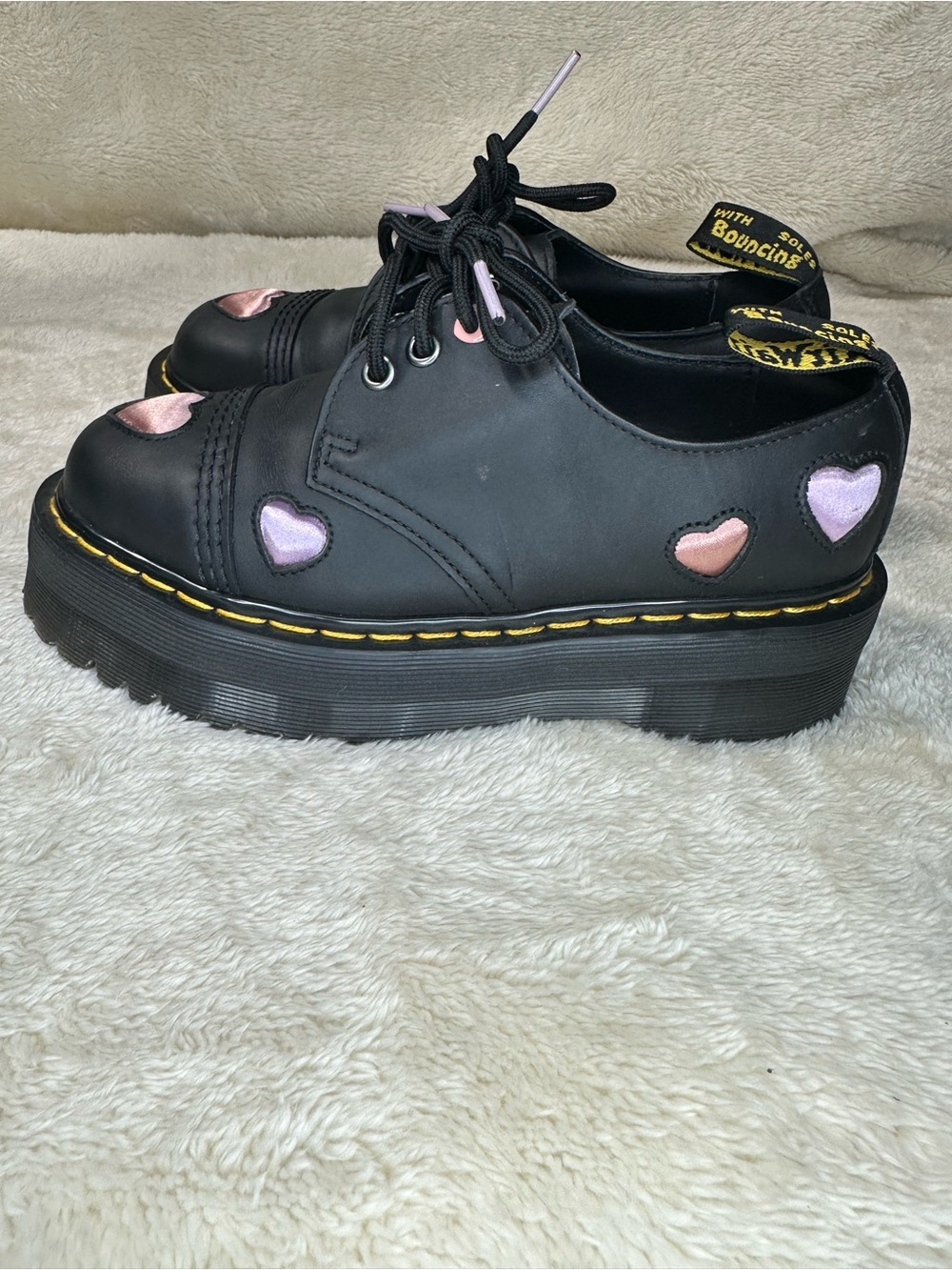 Dr. Martens 1461 Quad Heart Leather Lace-Up Platform Shoes Black Women US 6
